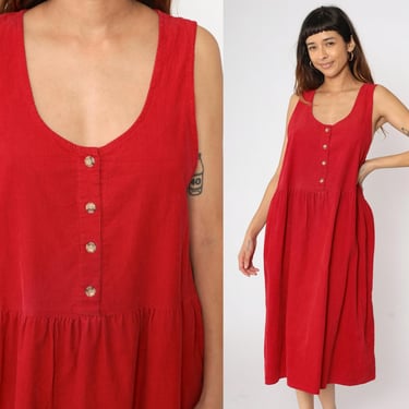 90s Corduroy Jumper Dress Red Midi Pinafore Overall Dress Grunge Pocket Dress Retro Casual Sleeveless Smock Vintage 1990s Button Up Large 
