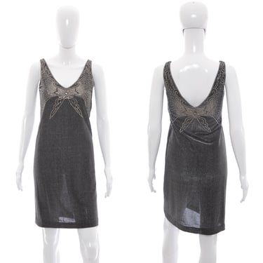 1960's Geoffrey Beene Gunmetal Silver and Rhinestone Slinky Dress Size S/M