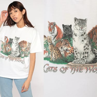 Big Cats Shirt 90s Cats of the World Tshirt Lion Tiger Snow Leopard Panther Bobcat Graphic Tee Wildlife Animals T-Shirt Vintage 1990s Large 