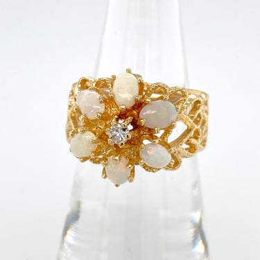 Beautiful Trubrite Opal Diamond 14k Yellow Gold Ring Dome Cluster Flower Sz 6 