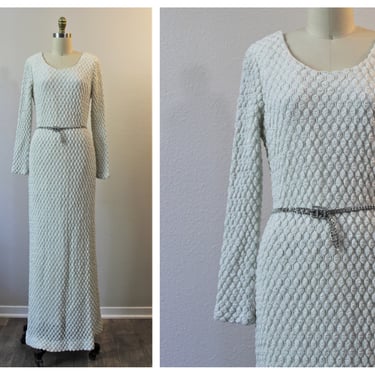 Vintage 1960s MOD Bubble Popcorn Knit White Silver Metallic column sexy mermaid Dress MCM Holiday / Modern US 6 8 Small Med 