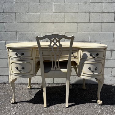 2PC Antique Wood Vanity Desk and Chair by John Stuart Shabby Chic Washed Finish Storage Bedroom Set Makeup Table CUSTOM PAINT AVAIL 