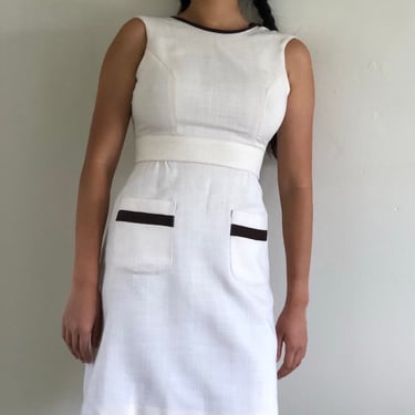 70s wrap dress / vintage mod sleeveless white back wrap around apron mini dress | Small 