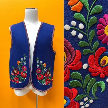 1960s-1970s Blue Wool Authentic Hungarian Embroidered Floral Men's Vest L/XL | Vintage, German, Polish, Oktoberfest, Halloween, Costume 
