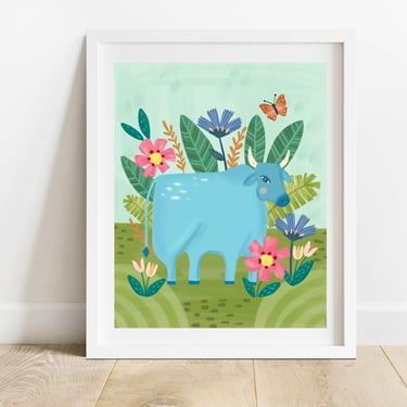 Year of the Ox 8X10 Art Print/ Animal with Florals Illustration/ Bull and Flowers Wall Decor/ Tropical Forest Scene Kids Room Wall Art 