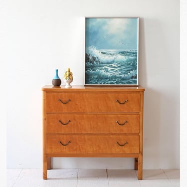 Vintage Scandinavian Burlwood Chest of Drawers with Lockable Drawers and Metal Handles 