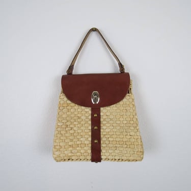 Vintage 1950s woven straw bag seagrass leather details turn lock top handle bag 