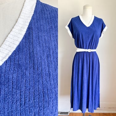 Vintage 1970s Navy Terry Cloth Belted Dress / S-M 