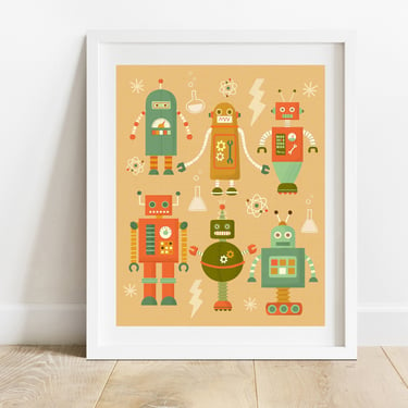 Vintage Inspired Robots 8 X 10 Art Print/ Kids Science Bedroom Illustration/ Android Collage Wall Art/ Children's Sci Fi Decor 