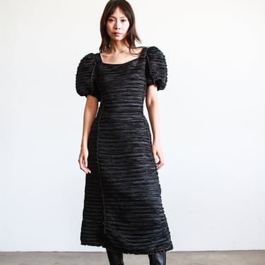 1980s Mary McFadden Black Pleated Silk Dress 