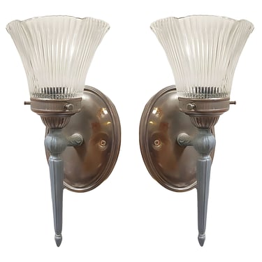 Antique Regency Wall Sconces Electric Light Fixture w/ Tulip Shade, Pair 