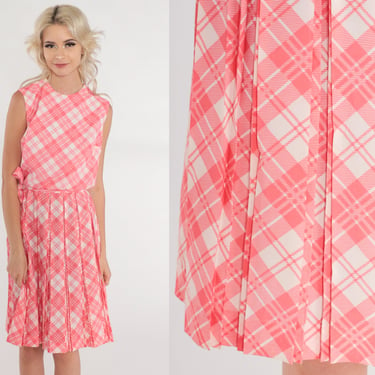 Pink Plaid Dress 60s Mini Dress Sleeveless High Waisted Pleated Sundress Checkered Print Retro Sixties Day Mod Vintage 1960s Extra Small xs 
