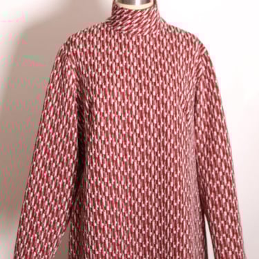 Late 1960s Early 1970s Burgundy and White Flecked Double Knit Polyester Long Sleeve Shift Dress -1XL 