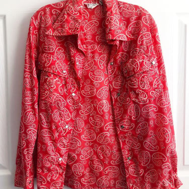 Vintage Nylon RAIN JACKET Western Rockabilly Red Bandana Print, Pearl Metal Snaps, Shirt Style, 1960's, 1950s Mid Century Ranch Wear 
