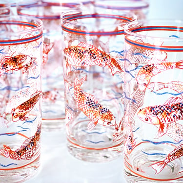 Vintage glass barware 4 Koi fish Highball cocktail glasses by Cera Glassware Asian home bar decor Japanese carp 