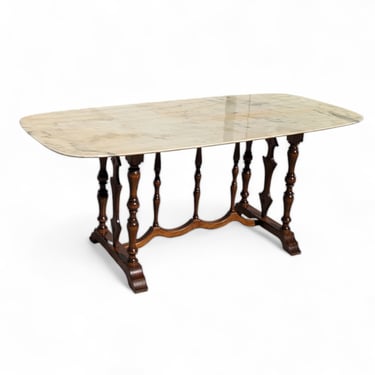 Antique Marble Top Dining Table, Italian, Solid Wood Base, Hand Turned, Oval, Seats Six, Dining Room 