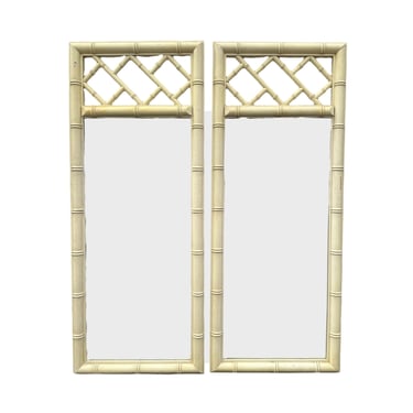 Set of 2 Chinese Chippendale Faux Bamboo Mirrors 48x19 LOCAL PICKUP Vintage Dixie Aloha Creamy White Coastal Chinoiserie Hollywood Regency 