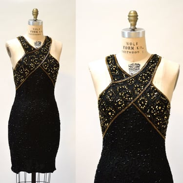 Vintage Beaded Dress Size Medium Large Black and Gold Art Deco// 90s Prom Dress Black Metallic Body Con Beaded dress Size Medium Large 
