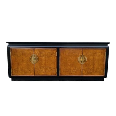 Vintage Chinoiserie Sideboard by Century Chin Hua 76" Long - Black & Burl Wood Hollywood Regency Oriental Asian Credenza Buffet Cabinet 