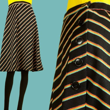 70s glittery rainbow skirt. Vintage polyester disco skirt. Diagonal stripes & triangular seams. Size S. 