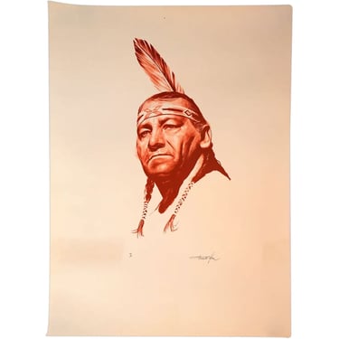 Vintage Orignial FRANK V. SZASZ Print on Paper, Portrait of a Native American Indian Chief A/P Art 