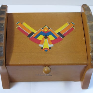 Vintage Recipe Box Boho Wooden Recipe Box Mid Century lidded storage box Yakima WA Washington State Souvenir Box Native American Wood Box 