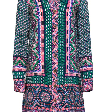 Maeve - Green &amp; Multicolor Print Button-Up Silk Shirtdress Sz 0
