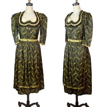 1950s Dirndl Dress ~ Snakeskin Taffeta Brocade Lace Bust Dress with Apron Oktoberfest 
