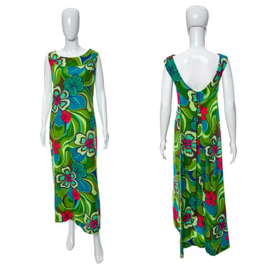 1960's Malihini Green Floral Print Tiki Dress Size XL