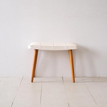 1960s Retro Pouf with Cream Faux Leather Upholstery and Birch Legs – Vintage Mid-Century Stool 