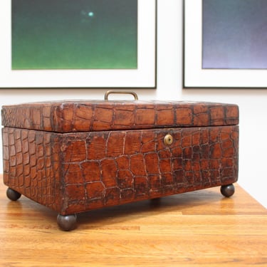 Antique English Alligator Leather Clad Box w/ Bramah Lock 