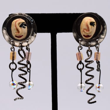 Funky 80's womens faces clay metal rainbow glass dangles, unique disco goth mixed media stud earrings 