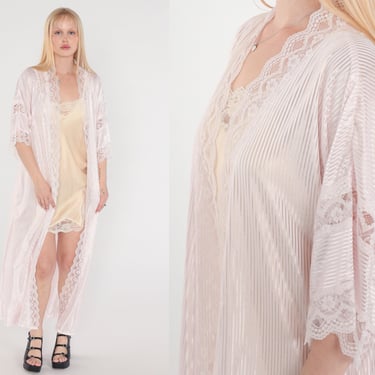 Pink Lace Robe 80s Semi-Sheer Lingerie Robe Long Bed Jacket Open Front Peignoir Boudoir Fredricks Hollywood Vintage 1980s Small Medium Large 