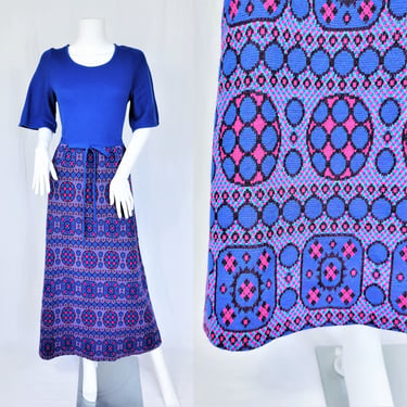 1970's Royal Blue Pink Post Modern Print Belted Maxi Dress I Sz Med 