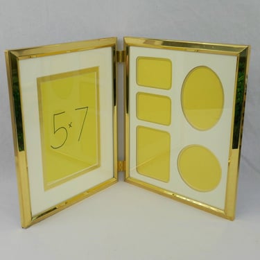 Vintage Hinged Collage Double Picture Frame - Goldtone Metal - Double Mat Cream Gold - 8