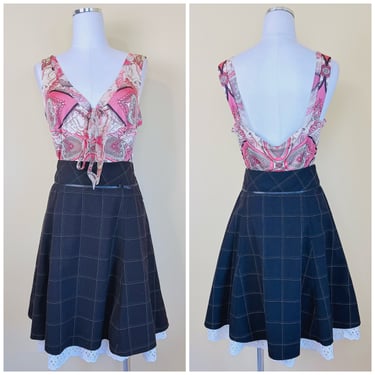 Y2K Brown Plaid Acrylic Lolita Skirt / Vintage Eyelet Lace Trim Fit and Flare Schoolgirl Skirt / Size Medium - Large 