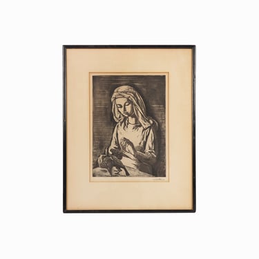 Frederic Taubes "Girl with Finch" Etching Print on Paper 