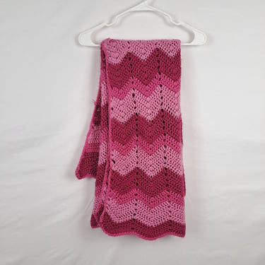 Vintage 70s Pink Chevron Stripe Crochet Afghan 