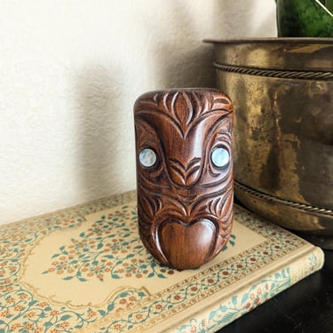 Handcarved New Zealand Maori Tiki Mask Figurine with Paua Shell Eyes 