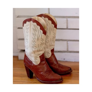 Vintage Zodiac Two-Tone Cowgirl Boots - High Heel, Leather,  Vintage Western, Snakeskin Boots, 1970s, 1980s 