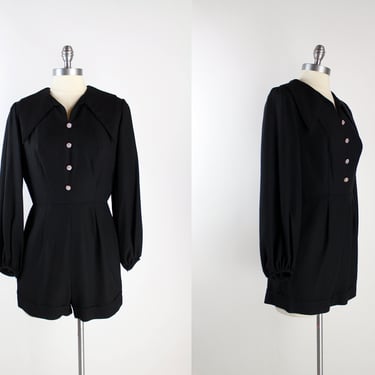70s Black Romper / Pointy Collar / 70s /Ballom Sleeves / size XS/S 
