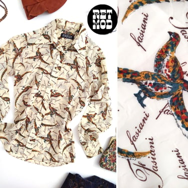 Unique Vintage 70s Pheasant Bird Novelty Print Button Down Long Sleeve Collared Shirt 