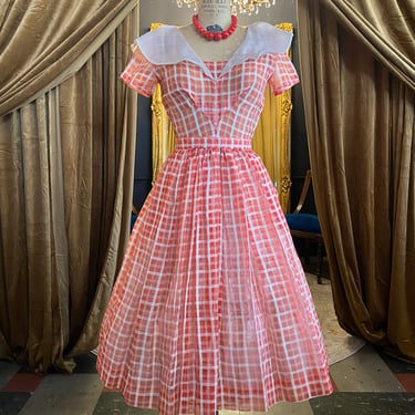 1950s fit and flare dress, red and white plaid, vintage 50s dress, sheer organza, sailor collar, mrs maisel, x small, full skirt, pin up, 25 