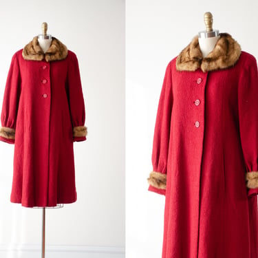 red wool coat | 30s 40s vintage red bouclé wool fur collar cuffs heavy warm winter coat 