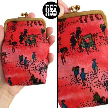 NWOT Vintage 60s Red Asian Scenery Pattern Snap Coin Purse by Rosenfeld 