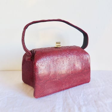 1940's 50's Red Snakeskin Box Purse Top Handle Gold Clasp and Hardware Rockabilly Retro 40's Handbags WW2 Era MCM Purses 