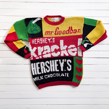 Eagle's Eye sweater 90s vintage Hershey Chocolate candy bar novelty print hand knit sweater 