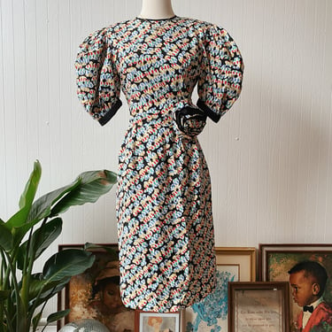 Vintage Bill Blass Puff Sleeve Rosette Dress | Size 6 