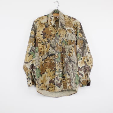 Vintage 80s Redhead Brand Camo Hunting Shirt, Button Front, Soft Cotton, Leaf Treebark Pattern - Small 