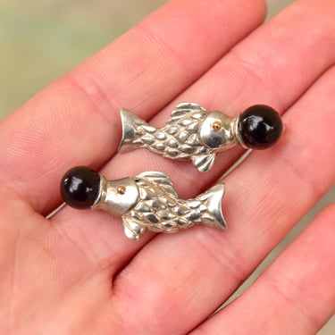 Tiffany & Co. Sterling Silver Onyx Ball Fish Stud Earrings, 18K Gold Accents, Vintage Designer Jewelry 